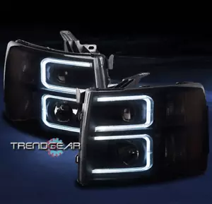 FOR 2007-2013 CHEVY SILVERADO DRL LED PROJECTOR HEADLIGHTS HEADLAMPS BLACK/SMOKE - Picture 1 of 4