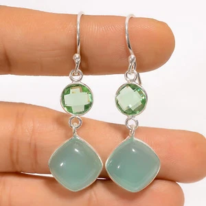 Chalcedony Green Amethyst Gemstone 925 Silver Handmade Earrings 1.7" ARE-4524 - Picture 1 of 3