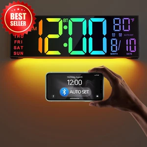 16.2in RGB LED Digital Wall Clock BT Sync Alarm Temp Auto DST Mountable 8-Color - Picture 1 of 12