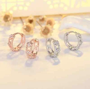 925 Sterling Silver CZ Stone Flower Hoop Huggie Stud Earrings Women Girl Gift UK - Picture 1 of 13