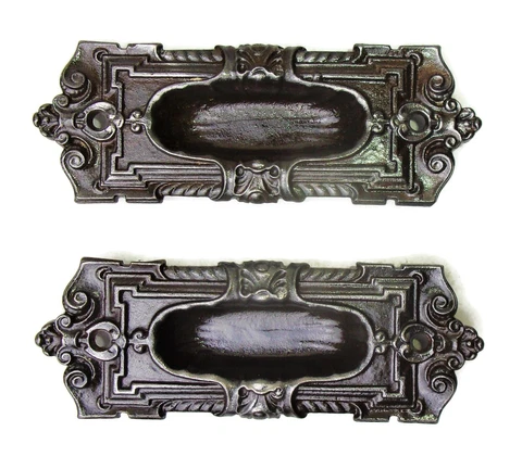 2 Antique Victorian Eastlake Ornate Cast Iron Window Sash Lift Pulls Handles Cover