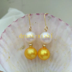 Natural AAA Gorgeous 9-10MM South Sea Gold Pearl Earrings 14k Gold P Hook - Picture 1 of 4