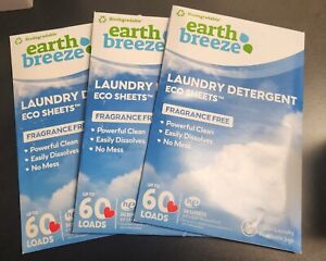 Earth Breeze Laundry Detergent Sheets Fragrance Free LOT OF 3, 60 Loads Per Pack