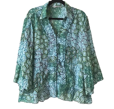 Top Signature by Larry Levine para mujer 2X azul verde peplum dobladillo abotonado Foto 1 de 4