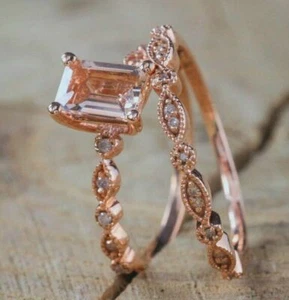 3Ct Emerald Cut Morganite Bridal Set Engagement Ring 14k Rose Gold Over - Picture 1 of 3