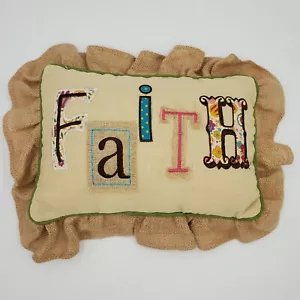 Burlap FAITH Pillow Embroidered Colorful Rustic Country Decor- 13" x 9.5" - Picture 1 of 2