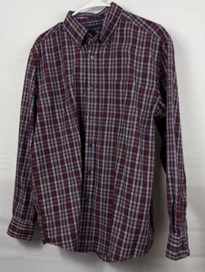 Saddlebred Men’s M Plaid Button-Front Shirt Long Sleeve Easy Care Burgundy Blue - Picture 1 of 7