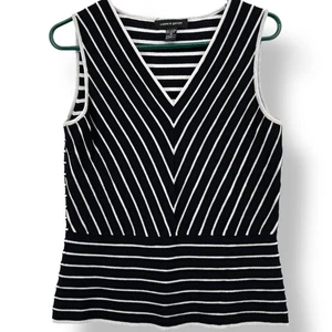Camiseta sin mangas con cable y calibre a rayas sin mangas cuello en V blanco y negro mediana minimalista Chevron - Imagen 1 de 6