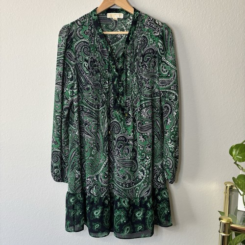 Abito Michael Kors Paisley in chiffon a maniche lunghe PICCOLO. Verde e blu stringato