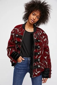 Free People Brocade Tapestry Marching Military Band Jacket Blood Red Sz Medium - Picture 1 of 23