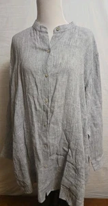 Eileen Fisher Size XL Shirt Crinkled Organic Linen Stripe Mandarin Collar Long - Picture 1 of 6
