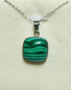 Stunning Natural Green Malachite Square Pendant 925 Sterling Silver Necklace - Picture 1 of 9