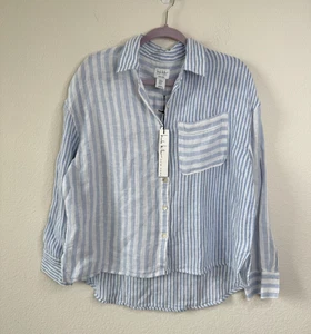 Nicole Miller 100% Linen Button-Down Shirt Blouse Striped Women’s M Hi Low Beach - Picture 1 of 4