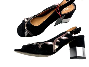 Simen Shoes Women Suede High Heel Open Embossed Gems Silver Trimming Size 4 - Picture 1 of 12