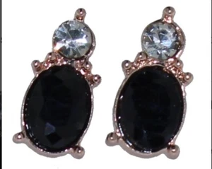 Womens Rose Tone Natural Oval Black Sapphire And Crystal Stud Fashion Earrings - Picture 1 of 2