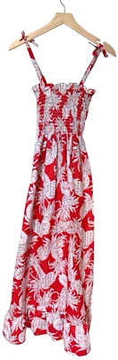 Maxi Vestido Hawaiano Cabeza de Diamante Pequeño Vintage Piña Rojo Blanco Corbata Smocking Foto 1 de 4