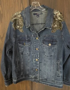 EUC Denim 24/7 Jean Jacket Bronze Sequined Applique Stretchy Size 22W - Picture 1 of 4