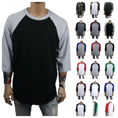 Men S-3XL T-Shirt Sports 3/4 Sleeve Baseball Raglan Crew Neck Jersey Plain Tee - Image 1 of 4