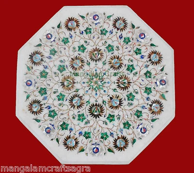 18" Marble Side End Table Top Semi Precious Stones Floral Inlay - Image 1 of 2