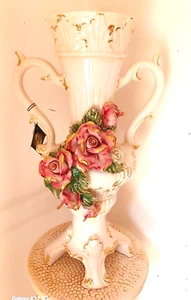 Vase Anfora Italian Porcelain Capodimonte Flowers Feet Roses Signed Vintage - Picture 1 of 10