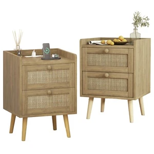 Rattan Nightstand set of 2, Boho Side Table with 2 Drawers, Bedside End Table - Picture 1 of 8