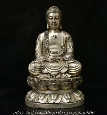 15.6" Marked Old Chinese Copper Silver Shakyamuni Amitabha Buddha Statue - Image 1 of 4