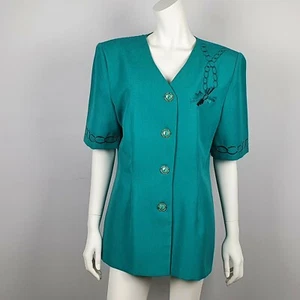 Mint Brand Size 18 Short Sleeve Button Blazer Top Blouse Women Vintage Green 80s - Foto 1 di 10