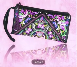 Embroidered Wallet, Zip Clutch, Phone Case, Wristlet Pansy NWT - Picture 1 of 5