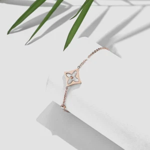 Titanium Rose Gold Flower Clover White Pearl CZ Shell Charm Dot Foot Anklet - Picture 1 of 2