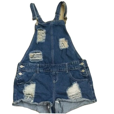 Papaya Jeans Bib Overall  M Blue Cotton Denim Shorts distressed Y2K 90s cut offs - Image 1 of 4