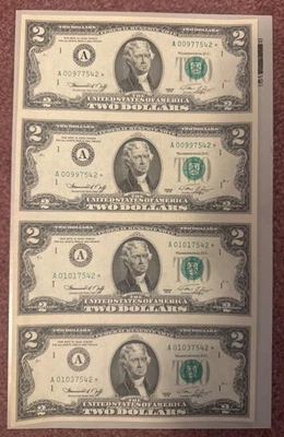 1976 $2 STAR Uncut 4-Note Sheet – Matching Ending Serials -Beautiful Condition - Image 1 of 4