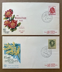 1959 Australia FDC Pair · Waratah & Wattle · WCS Floral Cachets · Adelaide - Picture 1 of 11