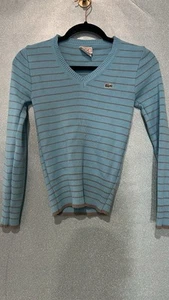 Lacoste Made In France Vintage Sweatshirt V-neck Striped Aqua Size Xs/S - Picture 1 of 5