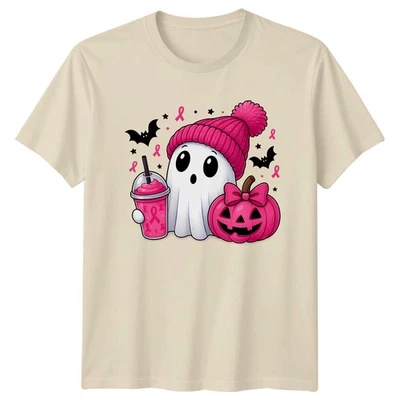 Cute Ghost Pink Ribbon Halloween Breast Cancer Awareness Mens Womens Graphic Tee - Image 1 of 4