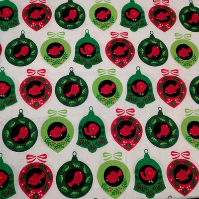 Christmas Bulbs Red Bird Holiday Fabric Material Sewing Sew Crafts Birds 56.5" - Image 1 of 4