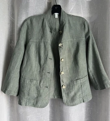 Jaqueta Cherokee S 3/4 Slv com botões e bolsos superiores 100% linho verde cáqui - Imagem 1 de 4