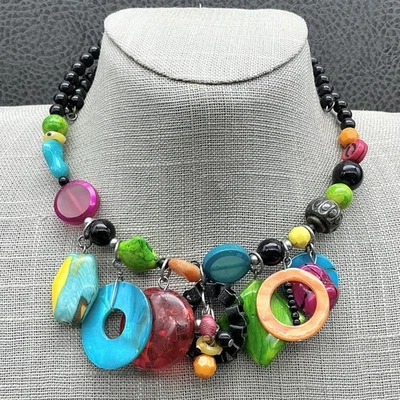 Bold Multicolor Statement Bead Necklace Chunky Layered Artisan Boho Jewelry - Image 1 of 4
