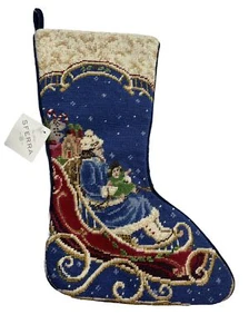 Vintage SFERRA Needlepoint Christmas Stocking Girl on Sleigh Mrs Claus 20" - Picture 1 of 7