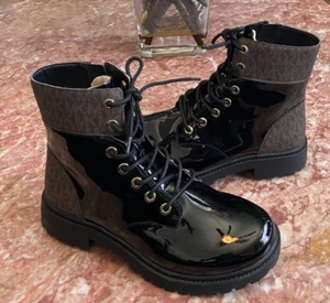 New Michael Kors Alistair MK Signature Brown Black Patent Booties Size 8, $159 - Picture 1 of 9