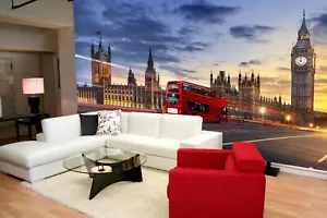 London Double Deck Bus Parliament Big Ben Wallpaper Wall Mural Home Decoration - Afbeelding 1 van 3