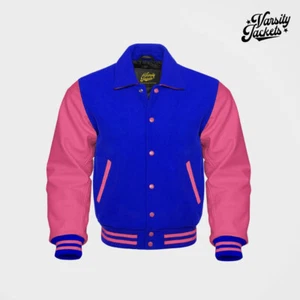 Royal Blue body Light Pink Sleeves Pro Varsity Jacket Letterman Baseball College - Picture 1 of 5
