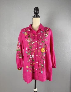 John Mark Embroidered Floral Linen Blouse 3/4 Sleeve Pink Floral Size PXL NWT - Picture 1 of 10