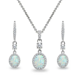 Oval-Cut Simuliert Weiß Opal Halo 925 Silber Halskette & Leverback Ohrringe Set - Bild 1 von 3