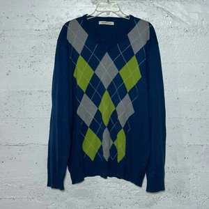 Old Navy Sweater Mens XL Argyle Multicolor Pullover V-neck Long Sleeve Cotton - Picture 1 of 6