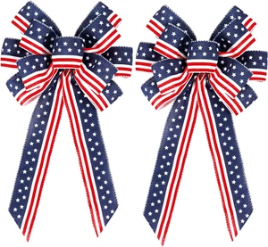 2 Pack 4Th of July Decor Bow for Wreath,Red White Blue Stripe Stars Tree Topper - Picture 1 of 12