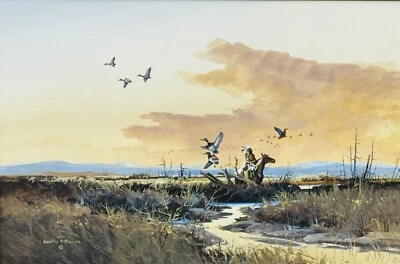 Pintura firmada por el artista de vida silvestre de Nueva York Gregory F Messier. Caza de patos Frontiersman Foto 1 de 4