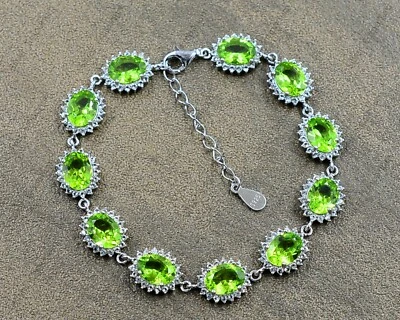 Natural Peridot Gemstone 925 Sterling Silver August Birthstone Chain Bracelet  - Image 1 of 4