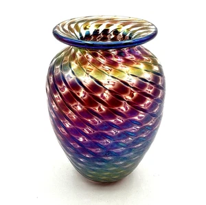 Studio Art Glass Bud Vase Hand Blown Iridescent Twisted Swirl Rainbow Luster - Picture 1 of 8