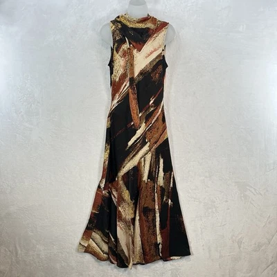 Vestido DKNY Para Mujer S Neutro Abstracto Satén Maxi Vestido Cuello Corbata Diseñador de Arte Foto 1 de 4