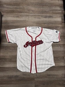 VINTAGE 90s Starter MLB CLEVELAND INDIANS White Pin Stripe Baseball Jersey Sz L - Picture 1 of 8